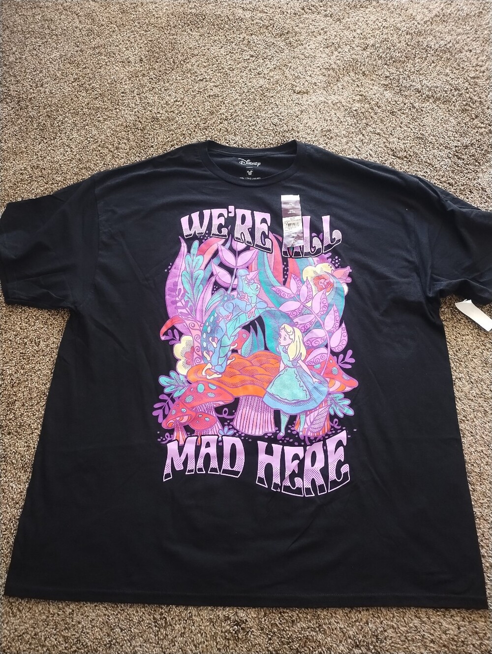 Disney Black Graphic Tee with Purple, Pink & Teal Alice Design